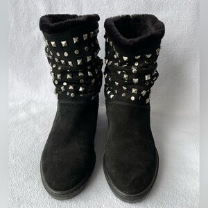 STUART WEITZMAN "Arctica" Studded Black Suede & Faux Fur Slouchy Boots, 7.5 M